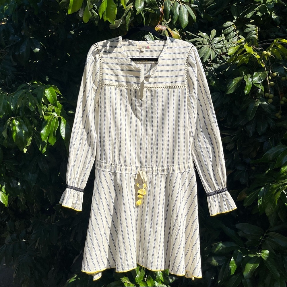 Lemlem ivory cream striped lace trim long sleeve mini dress